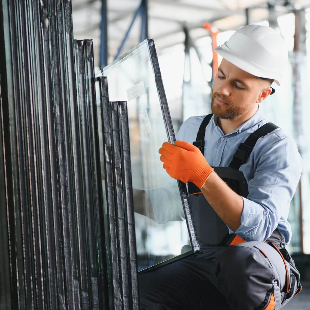 Worker in hard hat inspecting glass panes