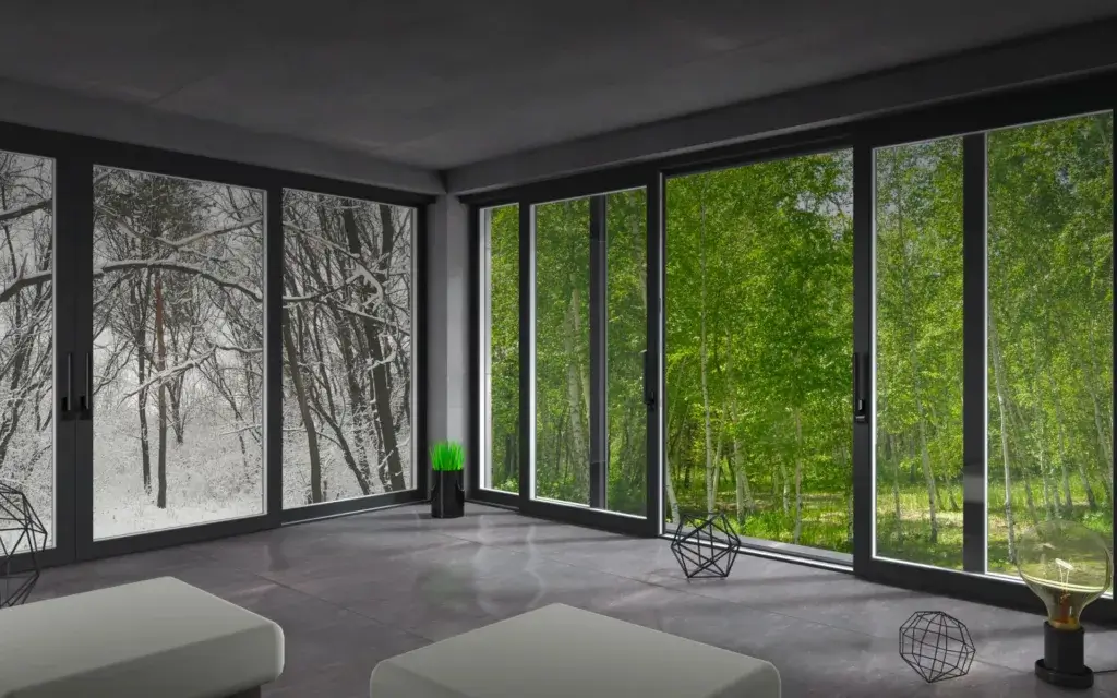 Modern room interior with seasonal forest view windows